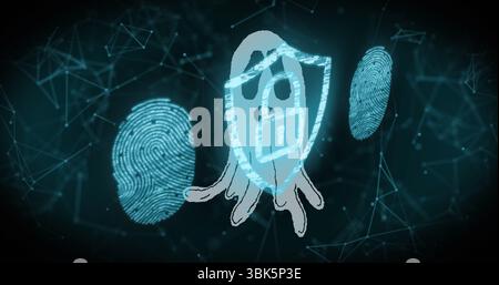 Displaying ghost icon guarding virtual node mesh, with padlock shield and biometric scans Stock Photo