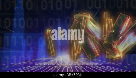 Floating golden crystalline letter shapes hovering over glowing binary grid floor, network lines Stock Photo