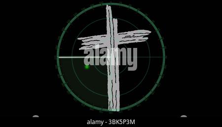 Displaying rough brush cross at center on radar grid display, showing bright green blip Stock Photo