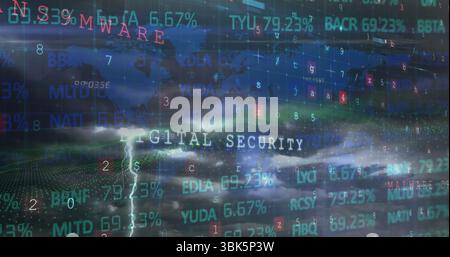 Streaming DIGITAL SECURITY text on stormy cyberspace interface, with world map and lightning Stock Photo