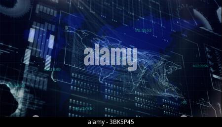 Holographic world map overlay hovering on grid in control room with streaming numeric data readouts Stock Photo