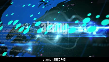 Streaming turquoise nodes along neon wave on screen, with code fragments, light flares, particles Stock Photo