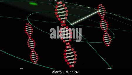 Floating stylized DNA helices spinning in virtual 3D space, with neon green grid and light beam Stock Photo