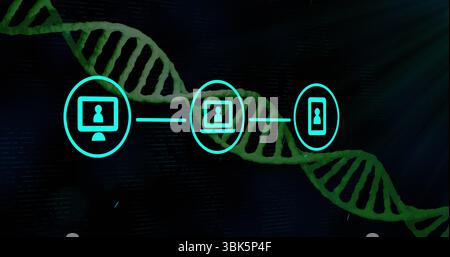 Showcasing desktop laptop smartphone icons connecting in abstract backdrop, with glowing DNA helix Stock Photo