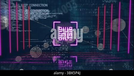Pulsing neon magenta QR-like code symbol hovering over network, showing magenta bars, data nodes Stock Photo