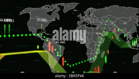 Showing gray world map data dashboard, green dots, yellow channel, red and green bars, white labels Stock Photo