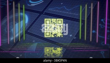 Floating glowing yellow QR code above blue grid floor, displaying holographic charts with neon bars Stock Photo