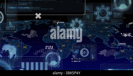 Displaying digital world map with hex grid overlays and HUD widgets in virtual command center Stock Photo
