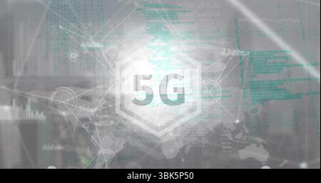 Displaying central 5G emblem streaming green code across world map interface, with network nodes Stock Photo