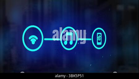 Displaying neon blue schematic spanning digital interface, featuring wifi, music, smartphone icons Stock Photo