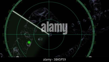 Scanning radar displaying circular grid with wireframe clusters on screen, sweeping beam and blip Stock Photo