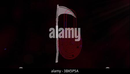 Displaying silver-gray scythe and red fingerprint labyrinth padlock motif on dark cyber background Stock Photo