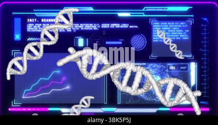Displaying holographic data panels featuring floating DNA helix models in virtual lab, neon UI Stock Photo