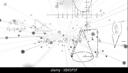 Displaying illustration showing central burst on canvas, with axes, triangle, formulas and dots Stock Photo