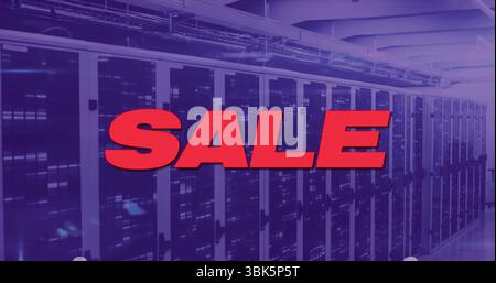 Showing large red SALE text in data center corridor featuring racks, blinking LEDs, network cables Stock Photo