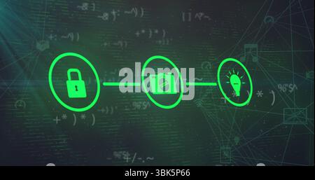 Displaying green padlock camera aperture bulb icons connecting lines on network diagram with code Stock Photo
