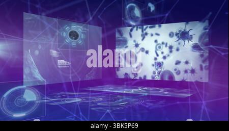 Floating holographic panels showing cell data and gauges in analysis chamber, with network nodes Stock Photo
