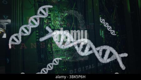 Largest white DNA double helix structure floating in data center, with green LEDs and security code Stock Photo