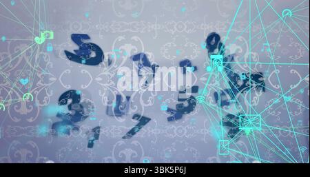 Displaying numeric array hovering across virtual space, with neon cyan nodes and icon symbols Stock Photo