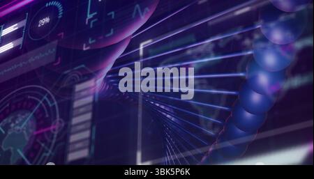 Twisting glowing DNA double helix floating in futuristic lab interface, with molecular nodes Stock Photo