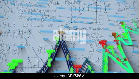 Displaying colored 3D network with handwritten equations on white backdrop with floating blue bars Stock Photo