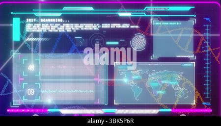 Displaying holographic UI with map numbers scanning globe placeholder DNA HUD frames over backdrop Stock Photo