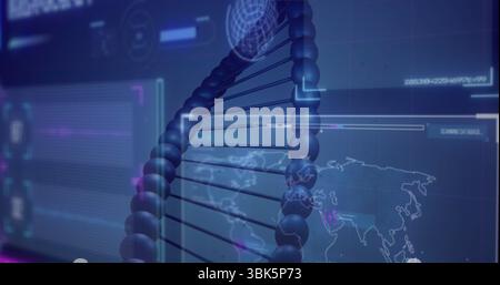 Displaying 3D DNA double helix rotating in lab interface, with data panels and world map overlay Stock Photo