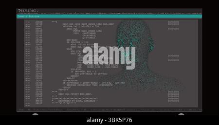 Terminal window displaying code in console, with teal header bar and glowing mesh head, copy space Stock Photo