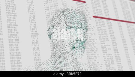 Forming human head silhouette from green binary digits in dashboard, with data columns and red bars Stock Photo