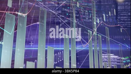 Showing 3D bar chart columns emerging on holographic grid, with line graphs and numeric labels Stock Photo