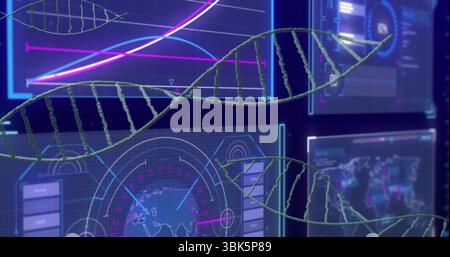 Floating 3D DNA double helix at virtual lab interface, showing HUD with graphs, chart, map, metrics Stock Photo
