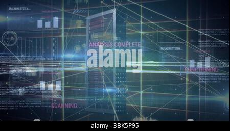 Streaming server rack showing bar charts, code and text labels in digital grid, with network lines Stock Photo