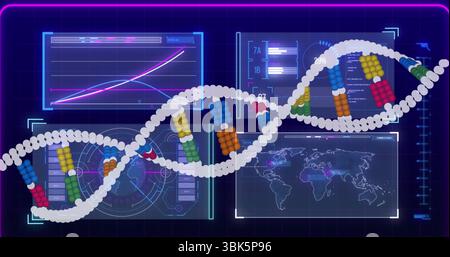 Displaying 3D DNA double helix model on research interface, with base-pair clusters and data panels Stock Photo