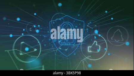 Displaying glowing padlock on shield amid network lines, with play button, thumbs-up and bell icons Stock Photo