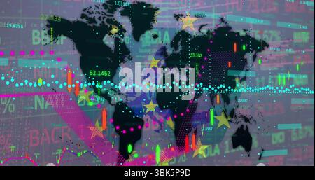 Displaying world map overlaid with colorful data points and bar charts, tickers, arrows on screen Stock Photo