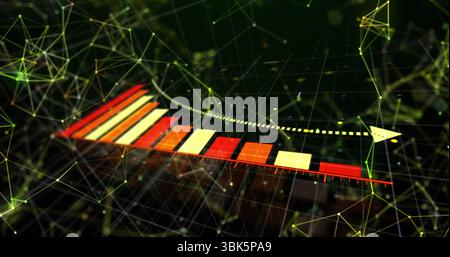 Displaying 3D bar chart showing gradient bars, curved arrow in data network with glowing grid nodes Stock Photo