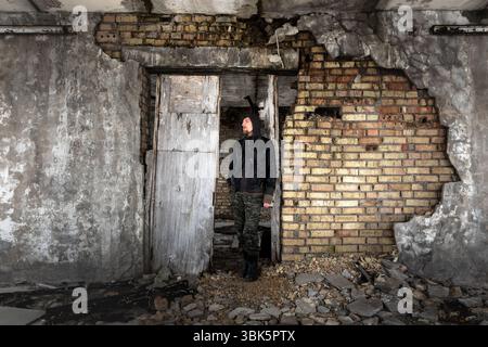 Abandoned damaged building wall closeup photo Stock Photo