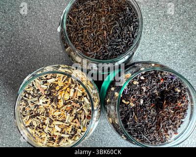 Assortment of herbal tea in glass jars. High quality photo Stock Photo