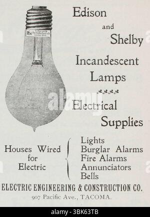 1899 Edison and Shelby Light Bulbs ad. Text; "Edison and Shelby incandescent lamps. Electrical supplies. Houses wired for electric: lights, burglar alarms, fire alarms, annunciators, bells." Stock Photo