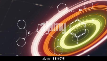 Displaying concentric rings rotating in simulation, showing hexagonal diagrams and chemical labels Stock Photo