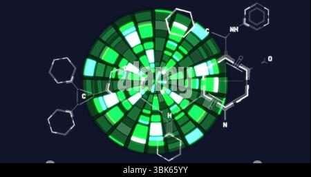 Displaying radial chart showing green and teal rings on navy display, wireframe chemical structures Stock Photo