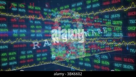 Displaying dark interface showing tickers with % values, yellow graph and map, glowing RANSOM text Stock Photo