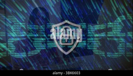 Displaying shield padlock icon hovering over hooded woman in virtual space, with neon data streams Stock Photo