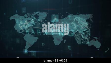 Displaying stylized world map over virtual network backdrop, with glowing circuit paths and digits Stock Photo