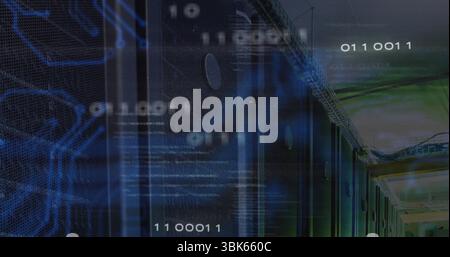 Displaying server rack columns streaming binary code and cables in data center, copy space Stock Photo