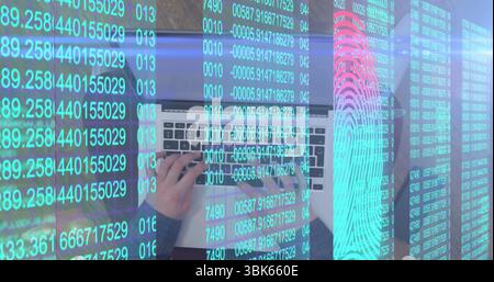 Typing programmer hands pressing laptop keys at wooden desk, with numeric and fingerprint overlay Stock Photo