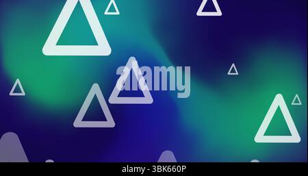 Floating large white hollow triangular outline over green and blue gradient, with small triangles Stock Photo