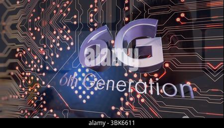 Floating 3D 6G–6th Gen letters hovering in circuit board, with glowing microchip nodes and traces Stock Photo