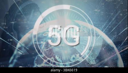 Subtle tech professional wearing blazer interacting in virtual hub, displaying holographic 5G globe Stock Photo