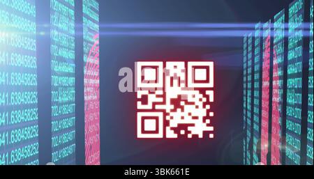 Hovering red-and-white QR code in data hall, with panels of turquoise data and magenta fingerprints Stock Photo